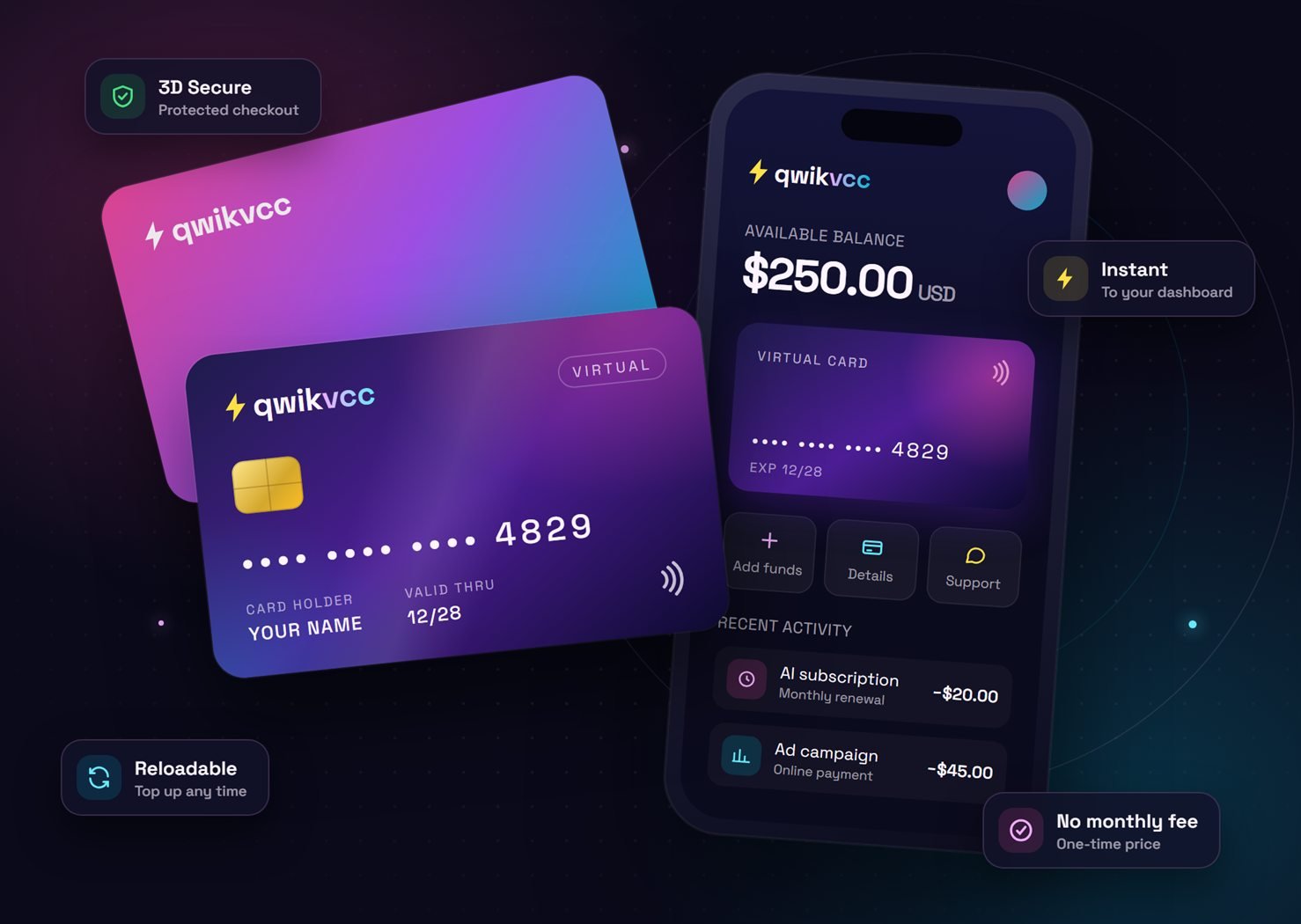 Qwikvcc prepaid virtual cards next to the Qwikvcc dashboard showing account balance, card details and recent payments